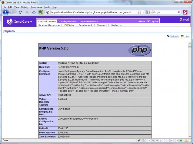 zend core phpinfo