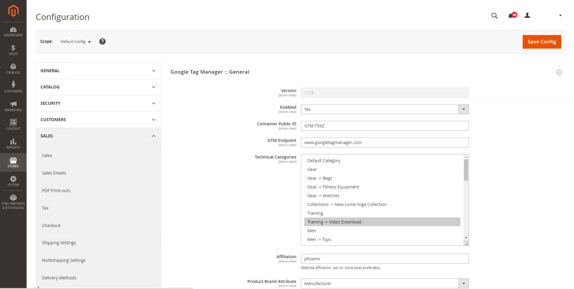 Example of Inchoo GTM Magento extension configuration interface