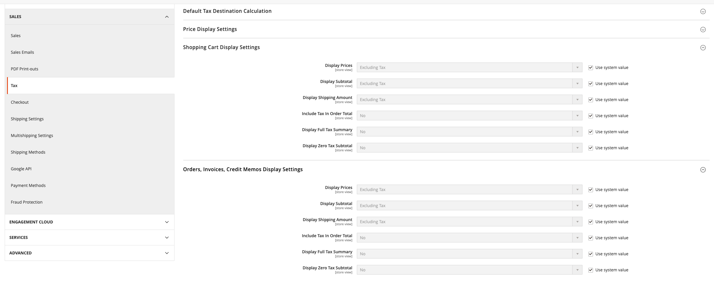 Shopping cart and order invoice etc display settings for taxes in Magento 2