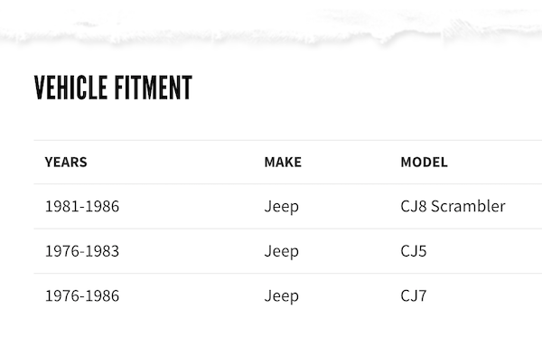 table with car part fitments - website screenshot