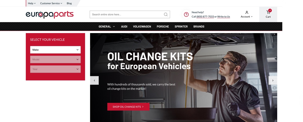 New redesigned home page of the Europa Parts online store