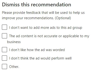 dismiss microsoft advertising recommendation