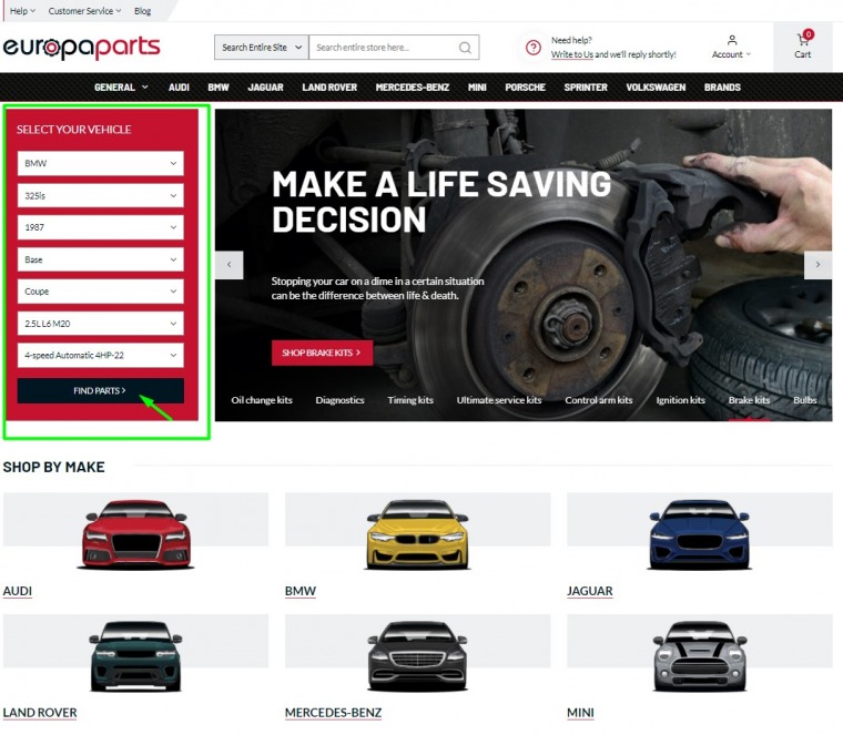 Example of Automotive eCommerce webshop homepage with YMM filter