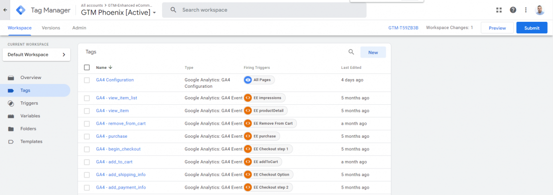 Example of GTM workspace with GA4 configuration tag and GA4 Enhanced Ecommerce event tags 