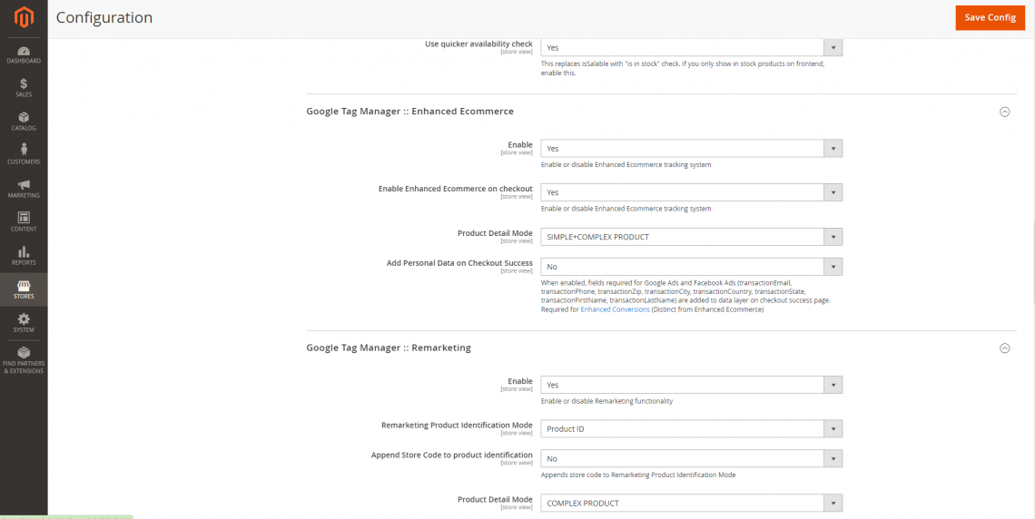 Example of Inchoo GTM Magento extension configuration - Enhanced Ecommerce interface section