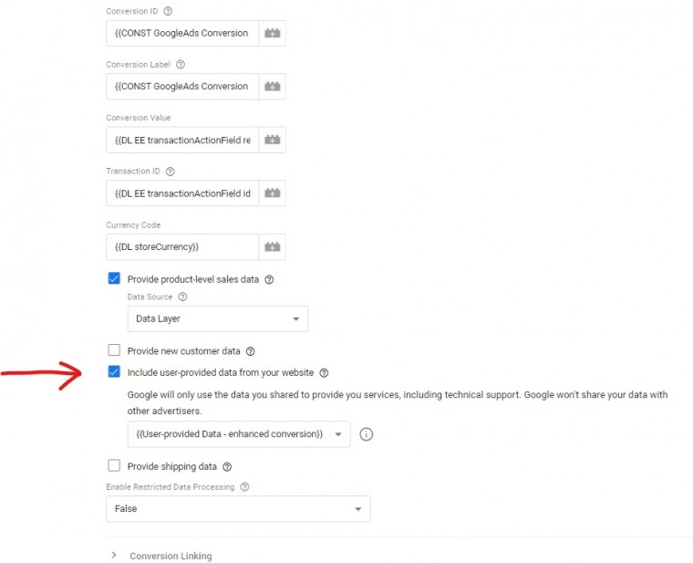 Google Conversion Tracking Tag without the Include user-provided data from your website checkbox