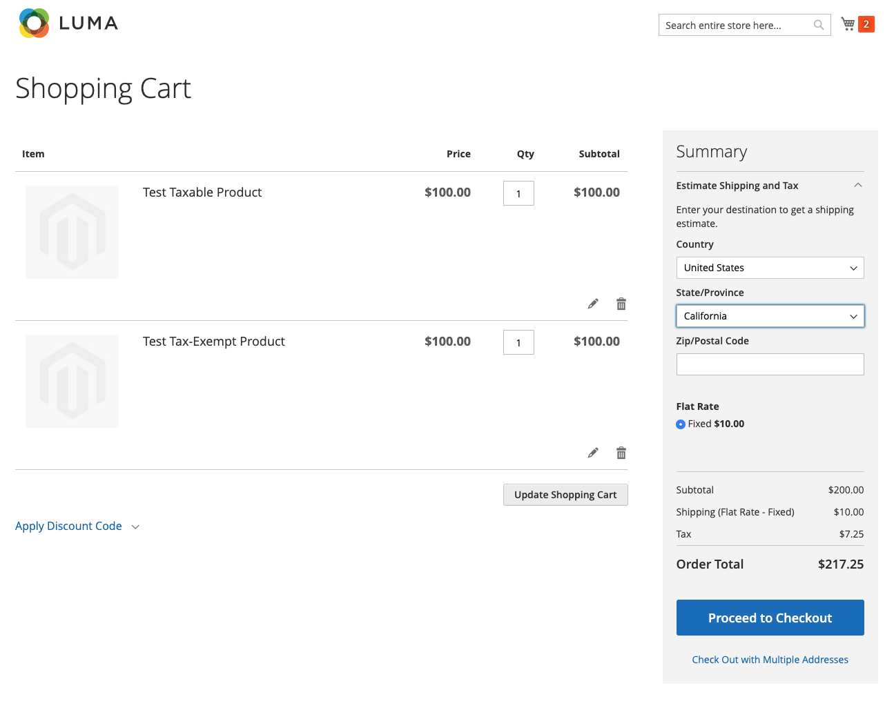 Taxable product, non taxable product and shipping tax calculation in cart for CA-US