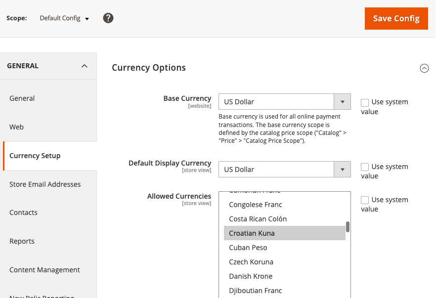 Admin Default Currencies