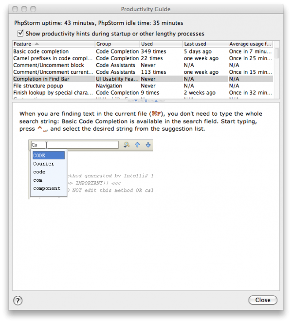PhpStrom productivity list with hints