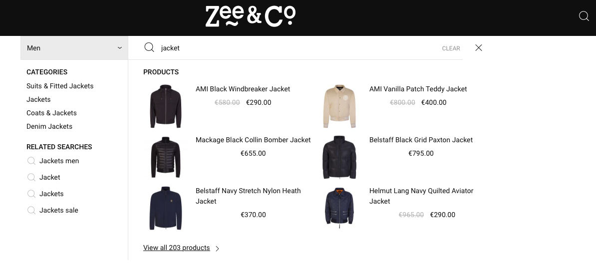 Zee&Co on-site search