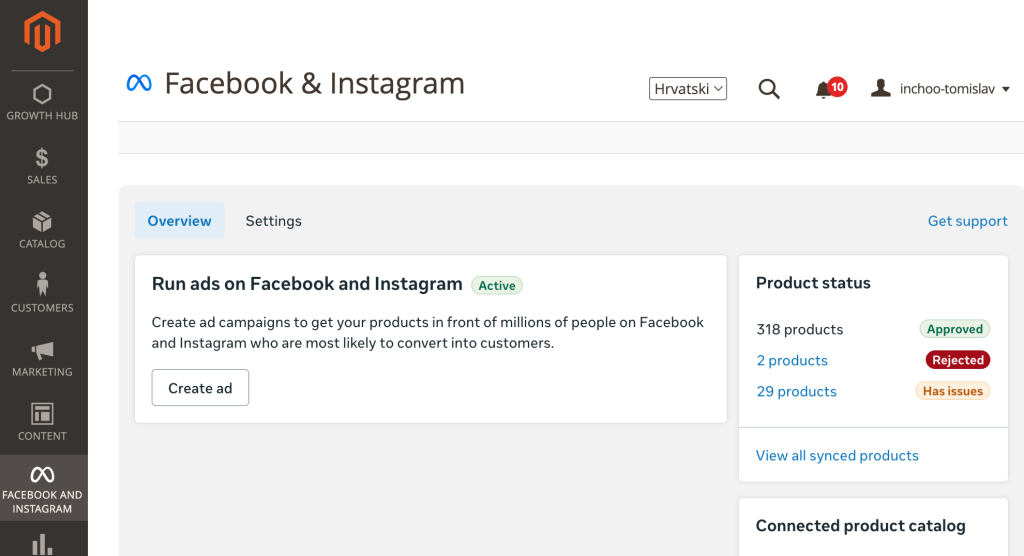 Magento Administration Screenshot of Facebook & Instagram Connector