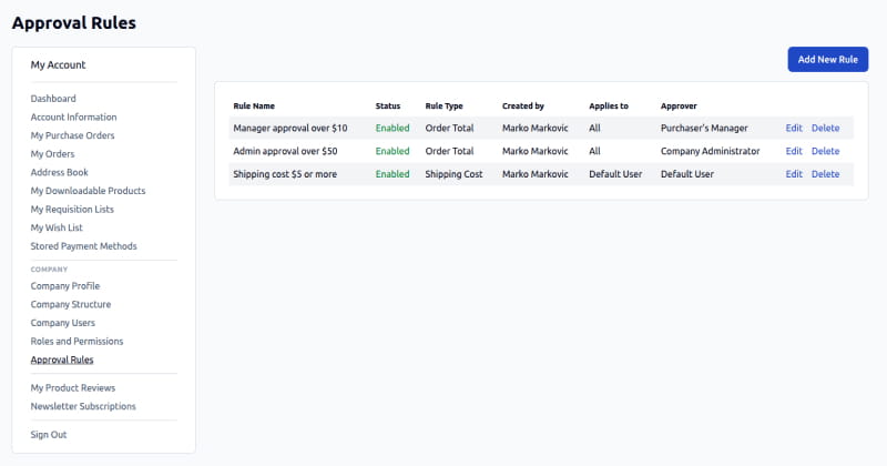 Approval Rules list in the company account