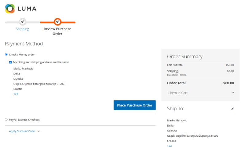 Magento checkout review step with the Place Purchase Order button